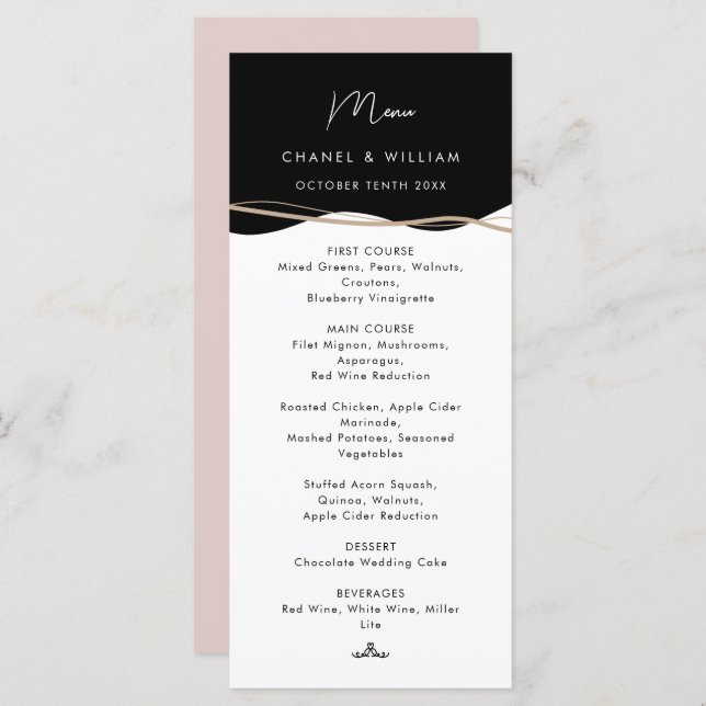 Modern black, white and pink wedding menu (Front/Back)