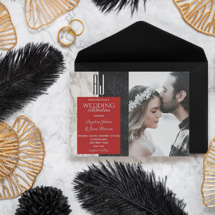 Modern Black White and Red Photo Wedding Invitation
