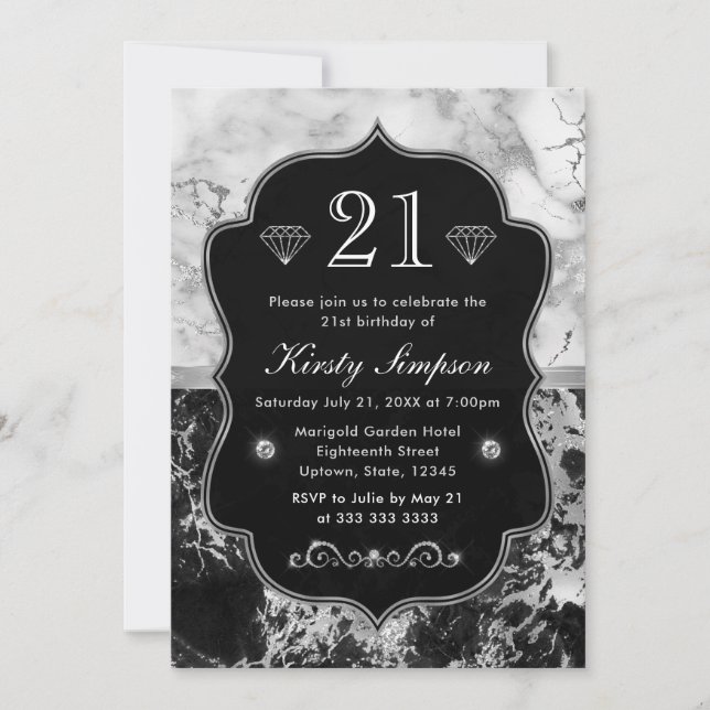 Modern Black, White and Silver Marble Birthday Invitation (Front)