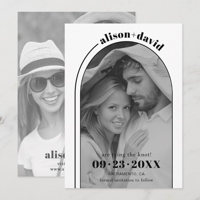 Modern black white arch and photo wedding save the date (Front/Back)