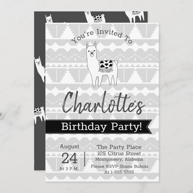 Modern Black & White Aztec Llama Birthday Invitation (Front/Back)