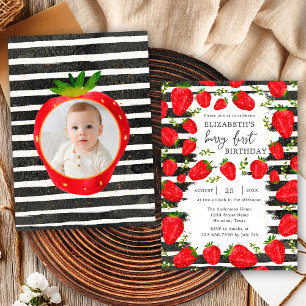 Modern Black White Berry First 1st Birthday Photo Invitation
