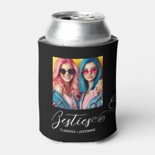 Modern Black White Bestie Photo Personalised Can Cooler