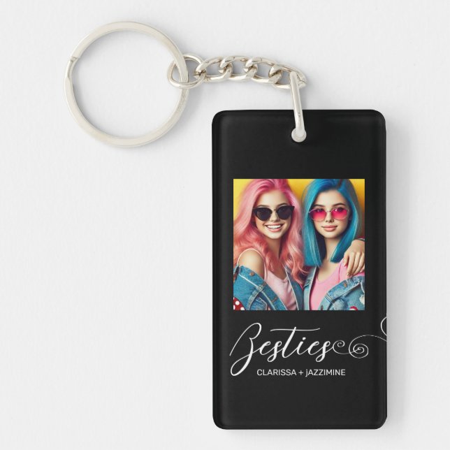 Modern Black White Bestie Photo Personalised Key Ring (Front)