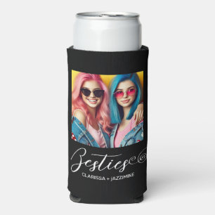 Modern Black White Bestie Photo Personalised Seltzer Can Cooler