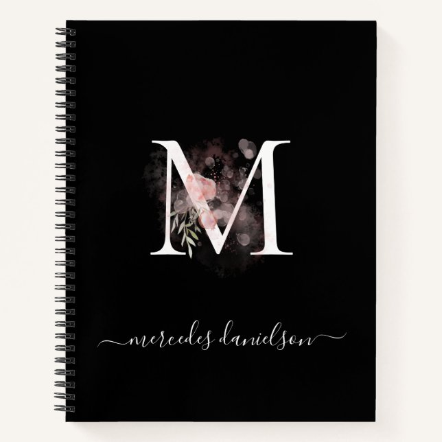 Modern Black White Blush Pink Floral Monogrammed Notebook (Front)