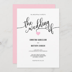 Modern Black White Blush PINK Heart Wedding Invitation
