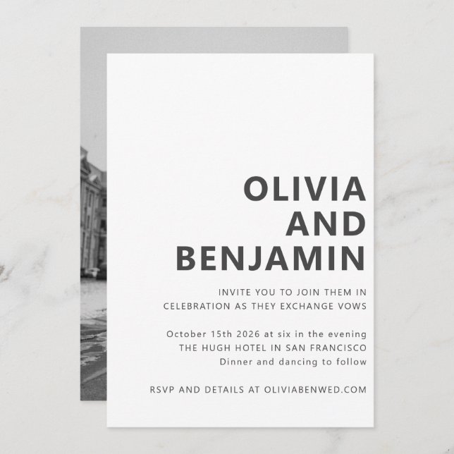 Modern Black White Bold Typography Photo Wedding Invitation (Front/Back)