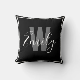 Modern Black White Border Monogram Cushion