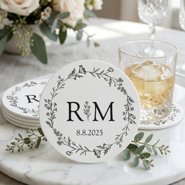 modern black & white botanical monogram wedding round paper coaster (Creator Uploaded)