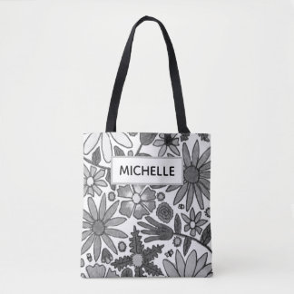Modern Black & White Botanical Name Tote Bag