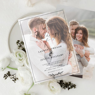 Modern Black White Botanical Script Vellum 2 Photo Invitation