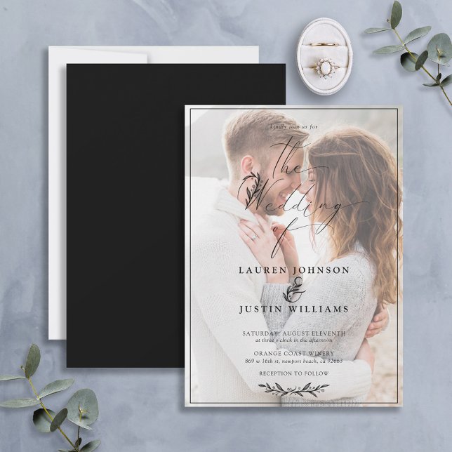 Modern Black White Botanical Script Vellum Photo Invitation (Creator Uploaded)