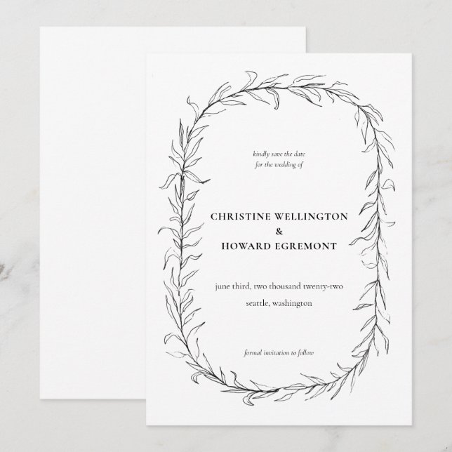 Modern Black White Botanical Wreath Wedding Save The Date (Front/Back)