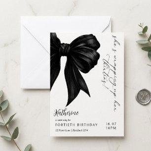 Modern Black & White Bow 40th Birthday Invitation