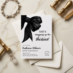 Modern Black & White Bow 40th Birthday Invitation