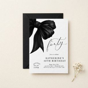 Modern Black & White Bow 40th Birthday Invitation