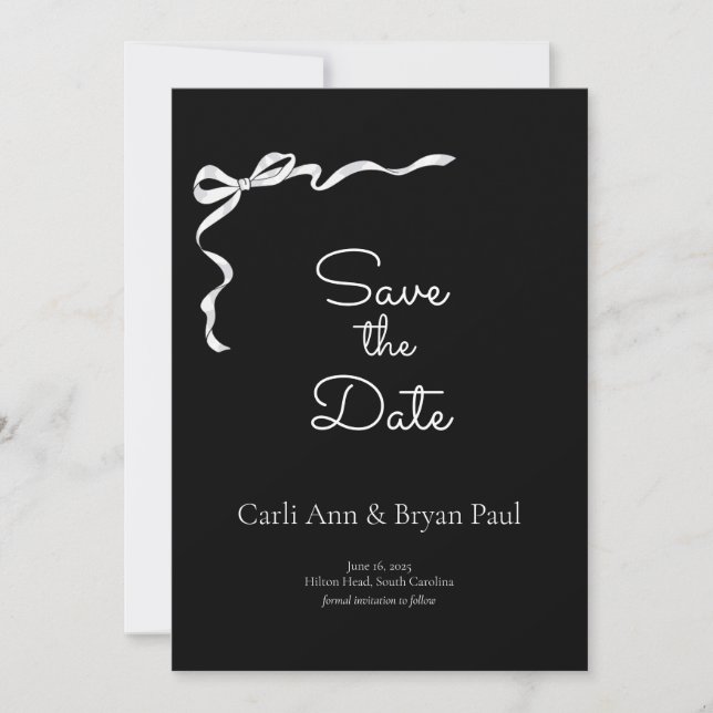 Modern Black & White Bow Save the Date Invitation  (Front)