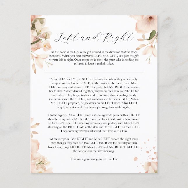 Modern Black White Bridal Shower Left Right Game Flyer (Front)