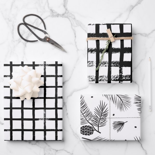 Modern Black & White Brush Christmas Wrapping Paper Sheet (Front)