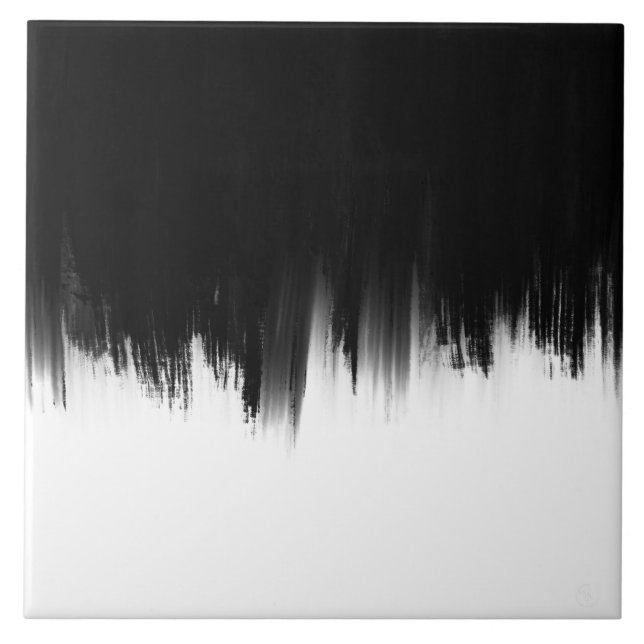 Modern Black White Brush strokes Design Ceramic Tile (Front)