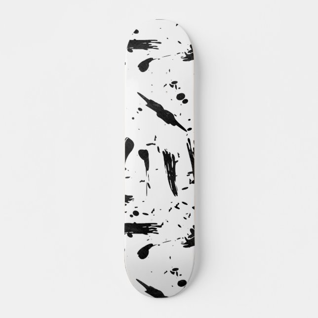 Modern black white brush strokes splatters paint skateboard (Front)