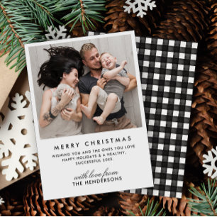 Modern Black & White Buffalo Check Photo Christmas Holiday Card