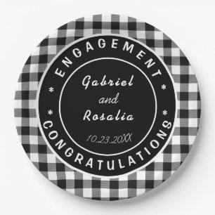 Modern Black White Buffalo Checks Engagement Party Paper Plate