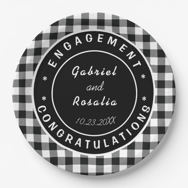 Modern Black White Buffalo Checks Engagement Party Paper Plate (Front)