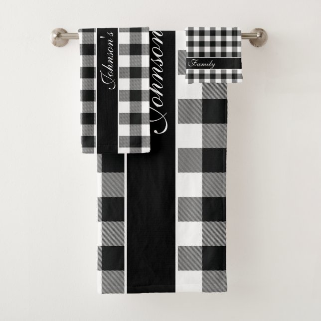 Modern Black & White Buffalo Checks Pattern Family Bath Towel Set (Insitu)