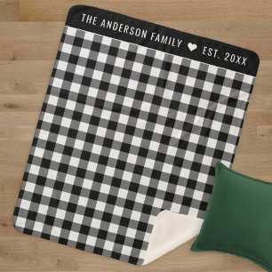Modern Black White Buffalo Plaid Family Monogram Sherpa Blanket