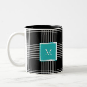 Modern black white buffalo plaid monogram Two-Tone coffee mug