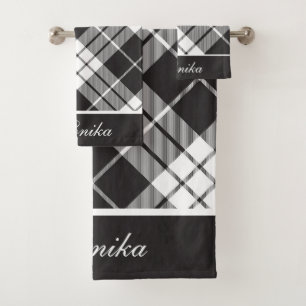 Modern Black White Buffalo Plaid Personalised Bath Towel Set