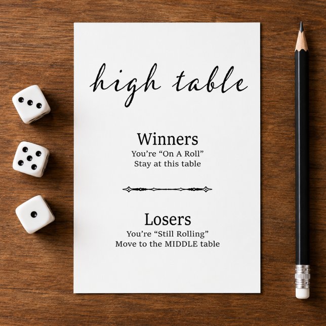 Modern Black White Bunco High Table Card (Add a stylish touch to game night with this modern script black and white Bunco High Table card.)