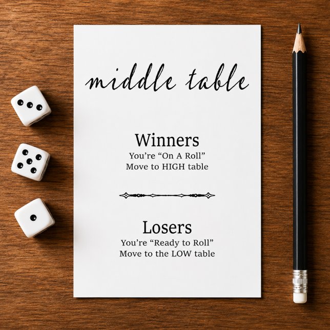 Modern Black White Bunco Middle Table Card (Modern script black and white Bunco Middle Table card, a stylish dice night sign for party decor.)