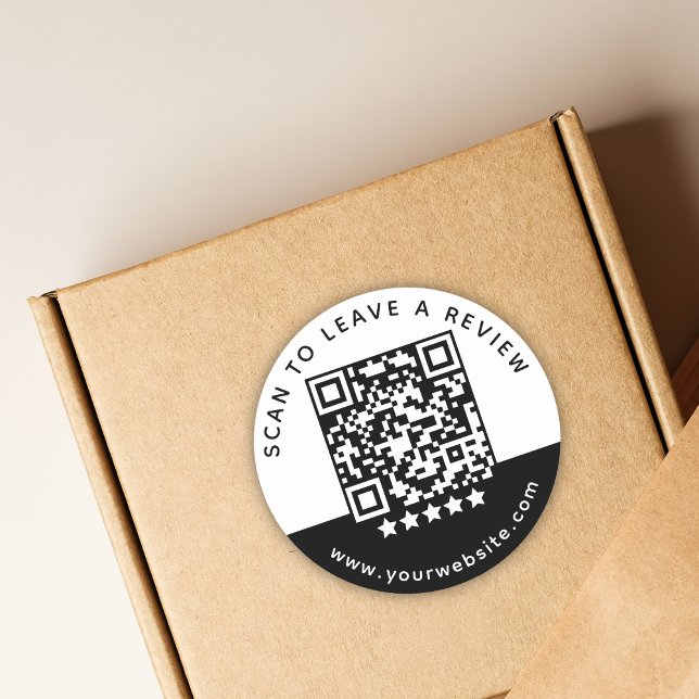 Modern Black White Business QR Code 5 Star Review Classic Round Sticker (Creator Uploaded)