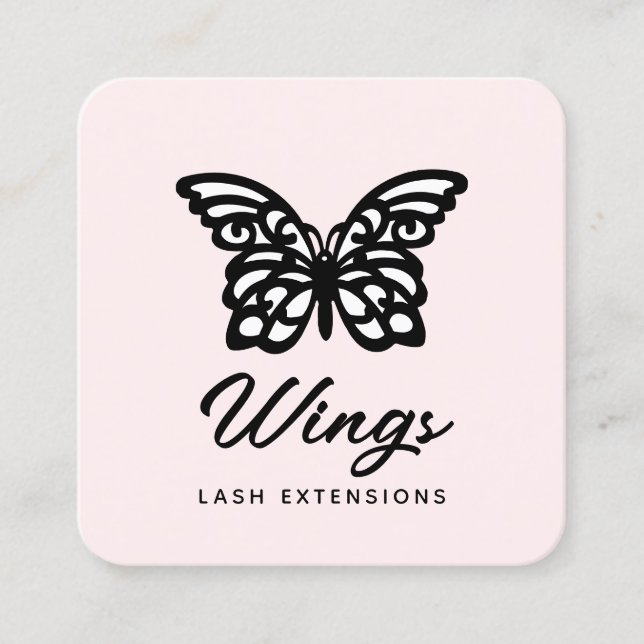 Modern Black White Butterfly Pink Square Business Card (Front)