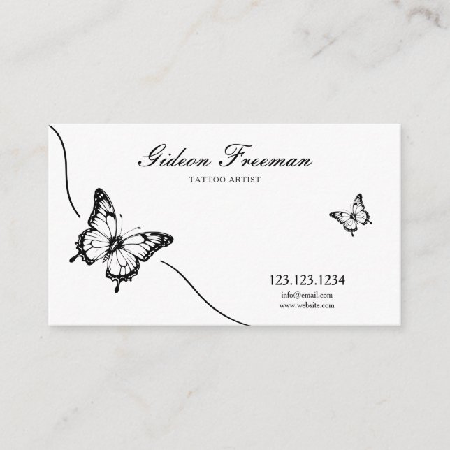 Modern Black & White Butterfly Tattoo Artist Business Card (Front)