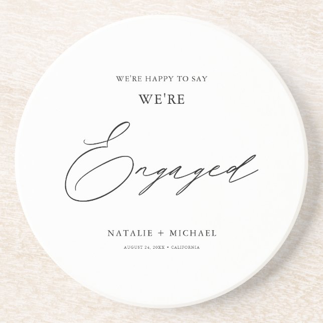 Modern Black & White Calligraphy Engagement Party  Coaster (Front)