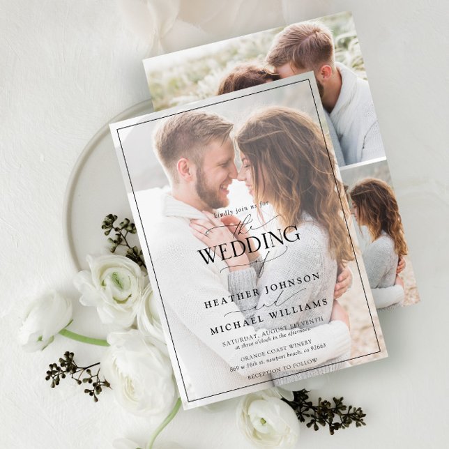 Modern Black White Calligraphy Faux Vellum 4 Photo Invitation (Creator Uploaded)