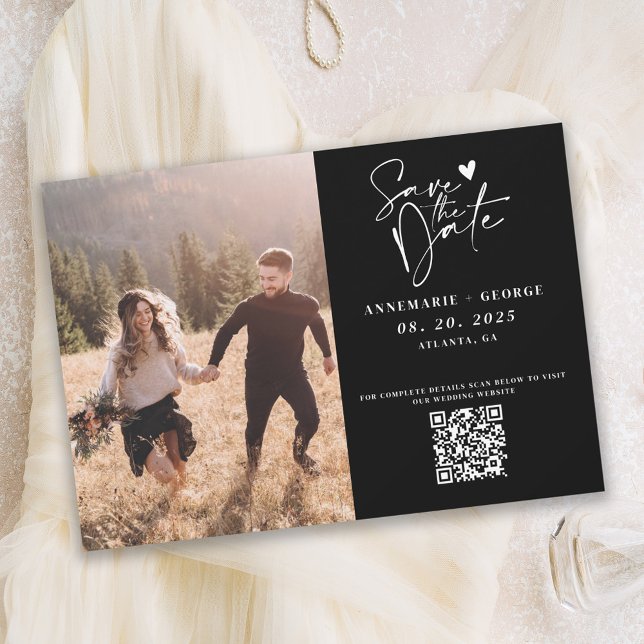 Modern Black White Calligraphy Photo QR Code Save The Date (Creator Uploaded)