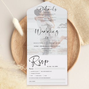 Modern black white calligraphy photo wedding all in one invitation