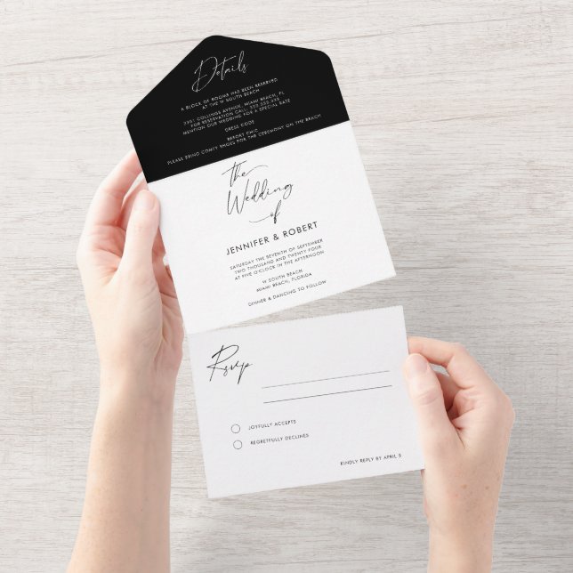Modern Black White Calligraphy Script Wedding All In One Invitation (Tearaway)