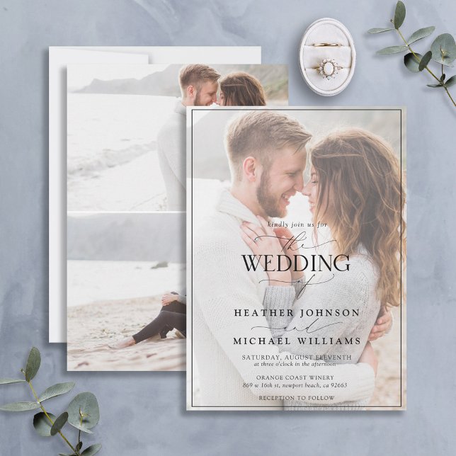 Modern Black White Calligraphy Vellum 3 Photo Invitation (Creator Uploaded)