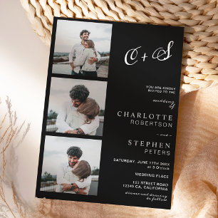 Modern black white casual initials photo wedding invitation