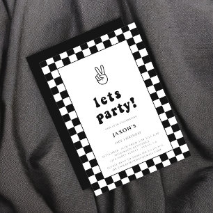 Modern black & white checkerd lets party birthday invitation