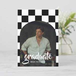 Modern Black White Chequered Arch Photo Graduation Invitation