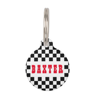 Modern Black White Chequered Dog Puppy Cat Name Pet Tag