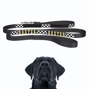 Modern Black White Chequered Dog Puppy Gold Name Pet Lead