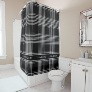 Modern black white chequered pattern monogram name shower curtain